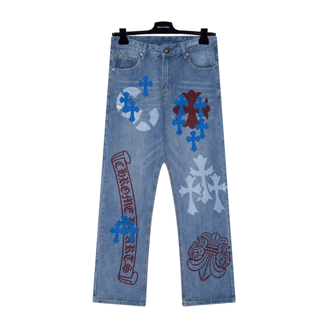 P250 [next day] Chrome Hearts | 24SS CH Chrome Hearts Cross Sanskrit Limited Edition Graffiti Printed Leather Jeans - Chrome Hearts' most popular pants, la la la. Made of beaded canvas fabric, heavy washing makes the upper body of the fabric more textured, and the pants are tall and straight! The three-dimensional cutting of the whole trousers is a masterpiece! The hardware is customized by zp. The beaded canvas fabric is thick and soft after being washed. It has good breathability. Customized small leather label. Unique design. The details are simple and elegant, and the workmanship is exquisite. The whole trousers are neatly routed and the details are in place! It’s so cool that both men and women can easily control the genderless trend!  Color: blue Size: 28 30 32 34 Corresponding sizes s-xl are available and shipped in seconds. Detailed sizes can be found in Figure 9